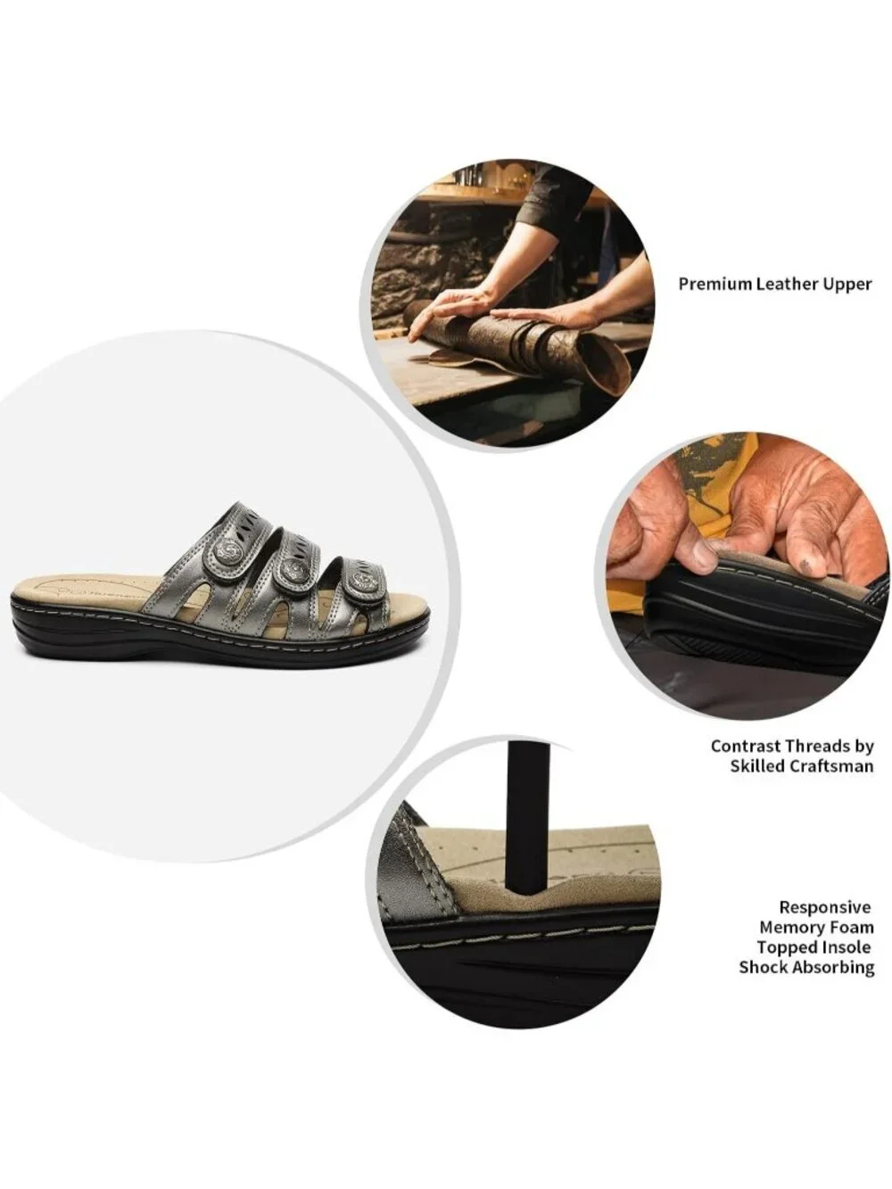 Women's Comfort Leather Slides Flat Sandals Pewter Slip On Walking Slippers - Picture 3 of 6